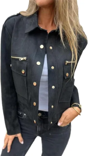 IDEALSANXUN Cropped Suede Jacket Women Fall Winter Trendy Faux Leather Coats Motorcycle Jackets