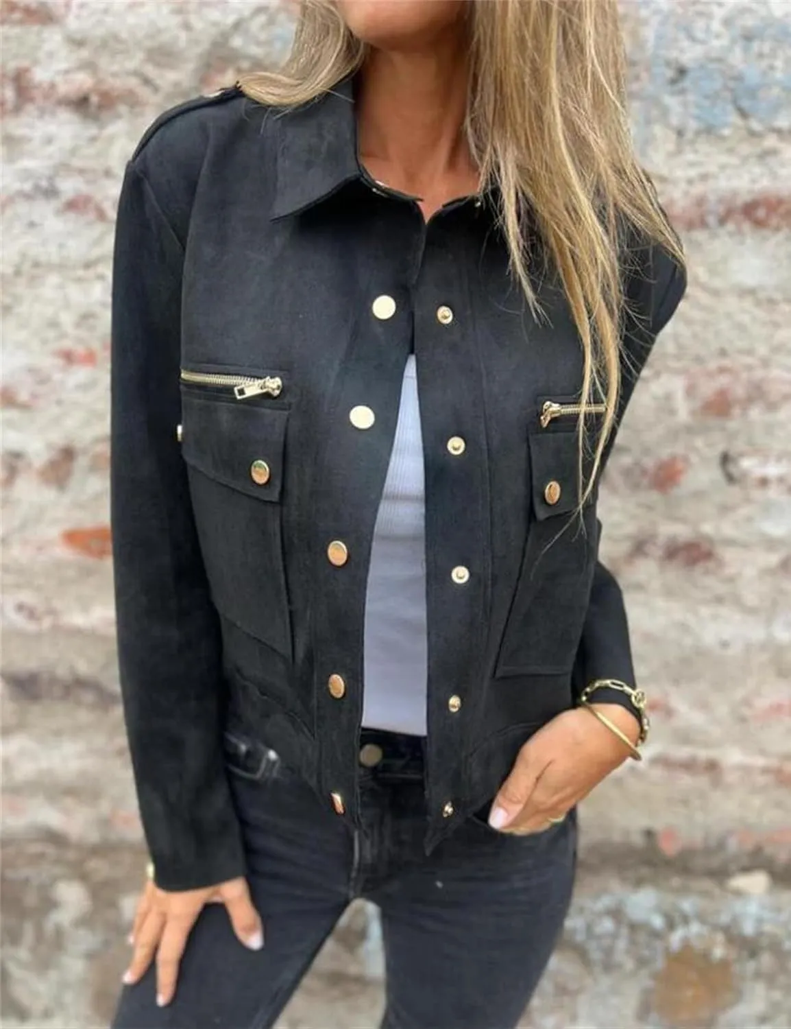 IDEALSANXUN Cropped Suede Jacket Women Fall Winter Trendy Faux Leather Coats Motorcycle Jackets
