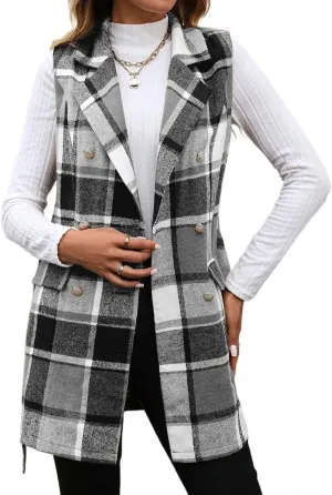 IDEALSANXUN Womens Double Breasted Plaid Vest Tops Fall Winter Sleeveless Blazer Jackets