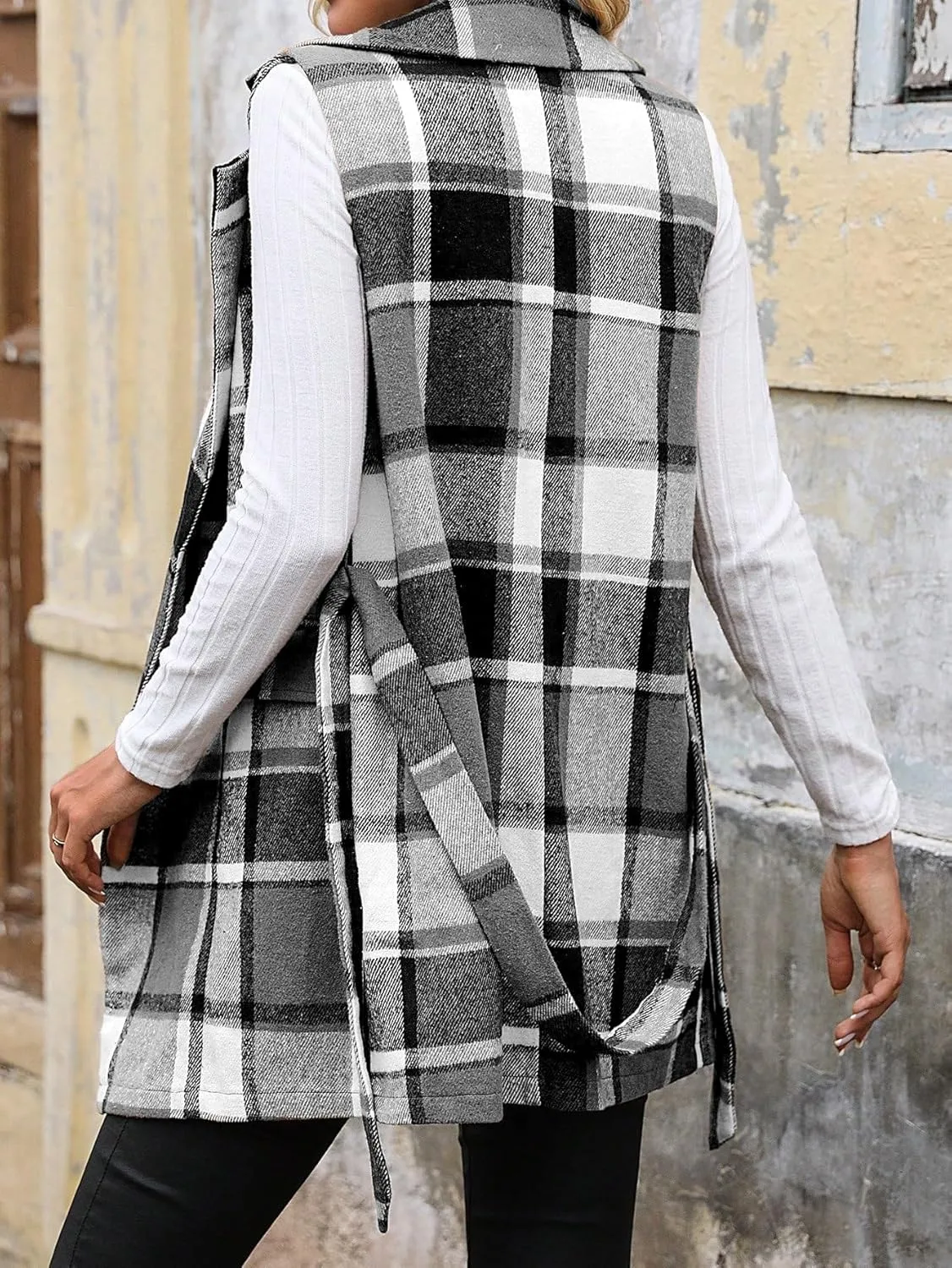 IDEALSANXUN Womens Double Breasted Plaid Vest Tops Fall Winter Sleeveless Blazer Jackets