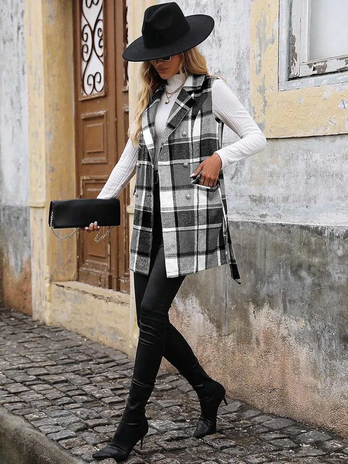 IDEALSANXUN Womens Double Breasted Plaid Vest Tops Fall Winter Sleeveless Blazer Jackets
