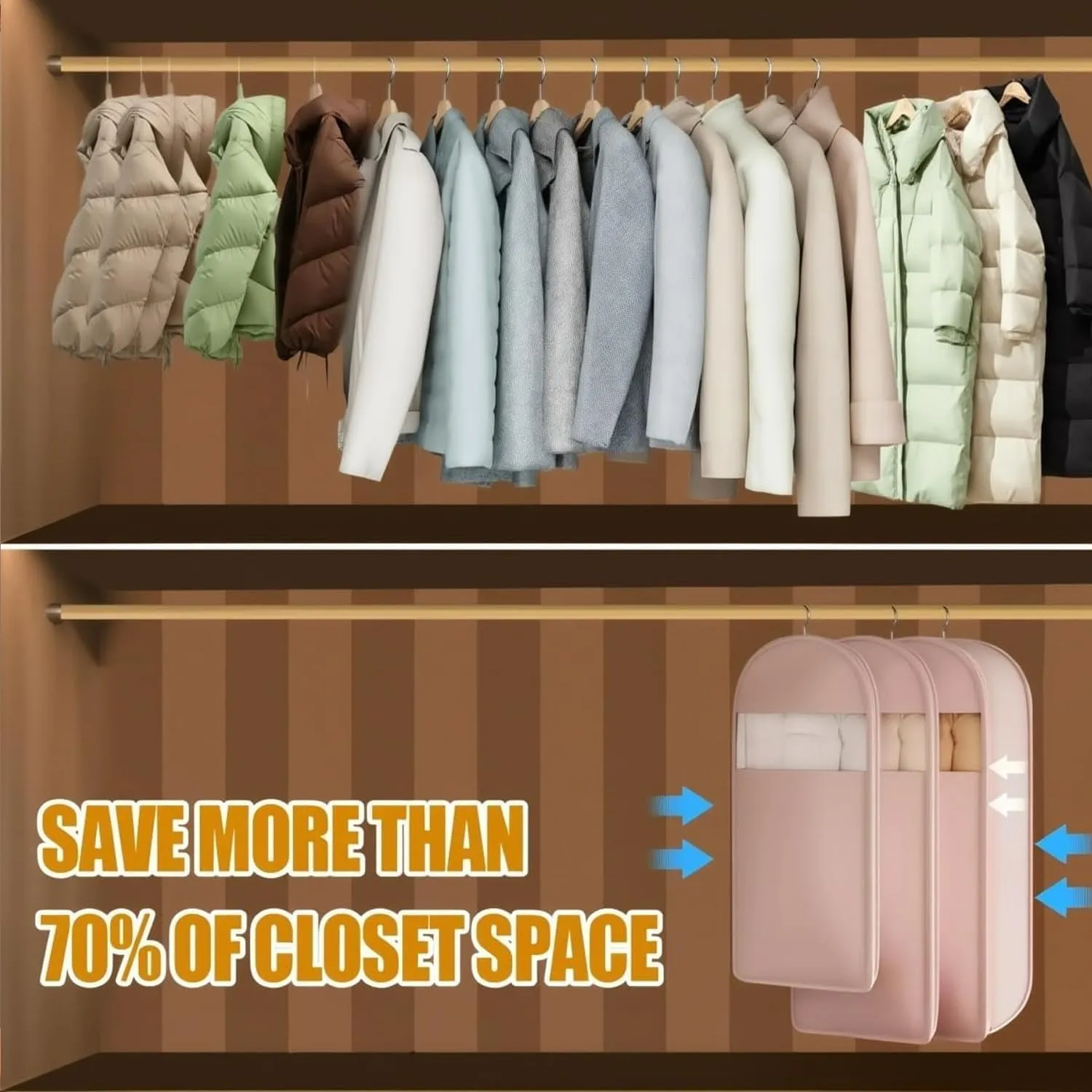 Intelligenck Space Saving Hanging Garment Bag with Self Compression Zipper, Otherwise Garment Bag, 2025 Space Saver Dust Cover Closet Organizers for Closet Storage (Beige,M)