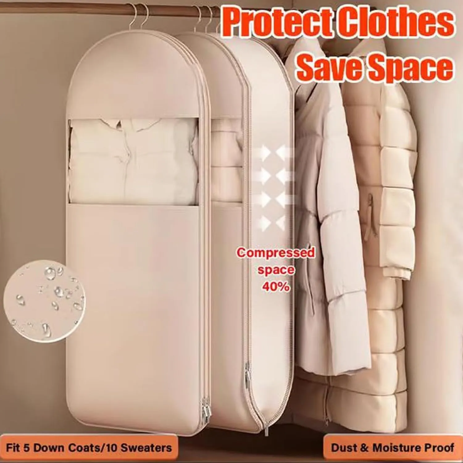 Intelligenck Space Saving Hanging Garment Bag with Self Compression Zipper, Otherwise Garment Bag, 2025 Space Saver Dust Cover Closet Organizers for Closet Storage (Beige,M)