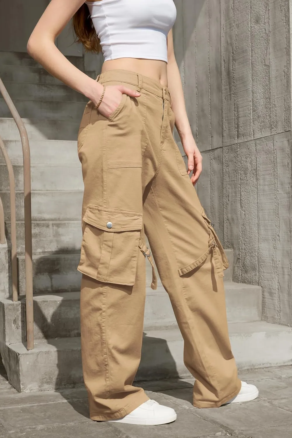 IVIR Womens Pants Wide Leg Cargo Pants Women High Waisted Pants with 6 Pockets Stretchy Y2K Streetwear Casual Trousers