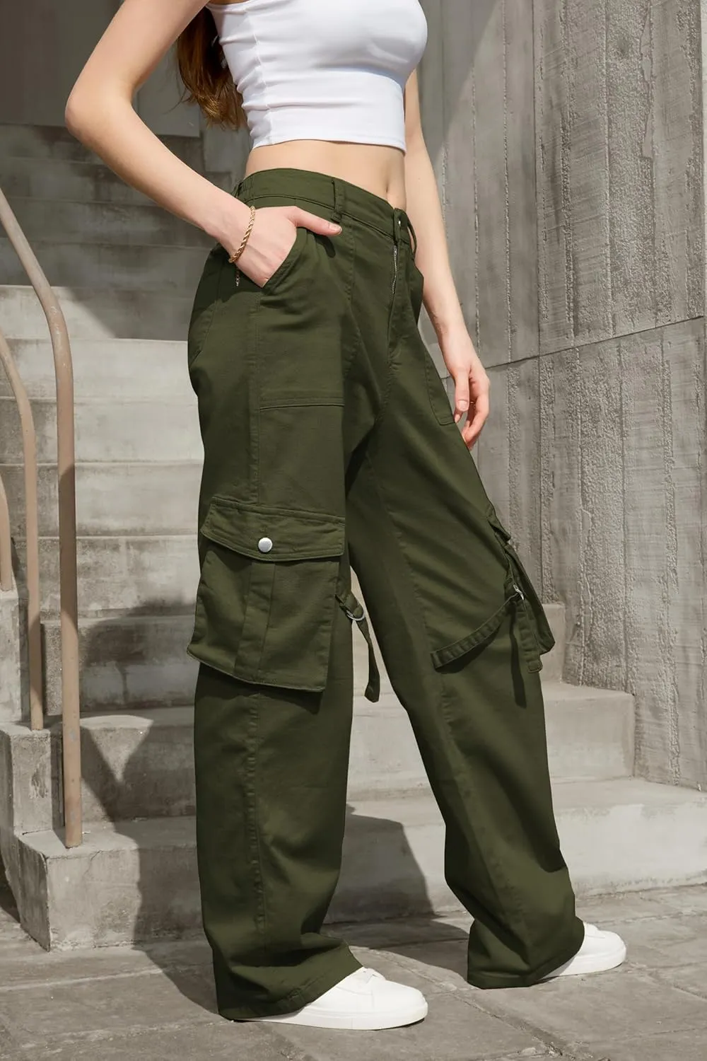 IVIR Womens Pants Wide Leg Cargo Pants Women High Waisted Pants with 6 Pockets Stretchy Y2K Streetwear Casual Trousers