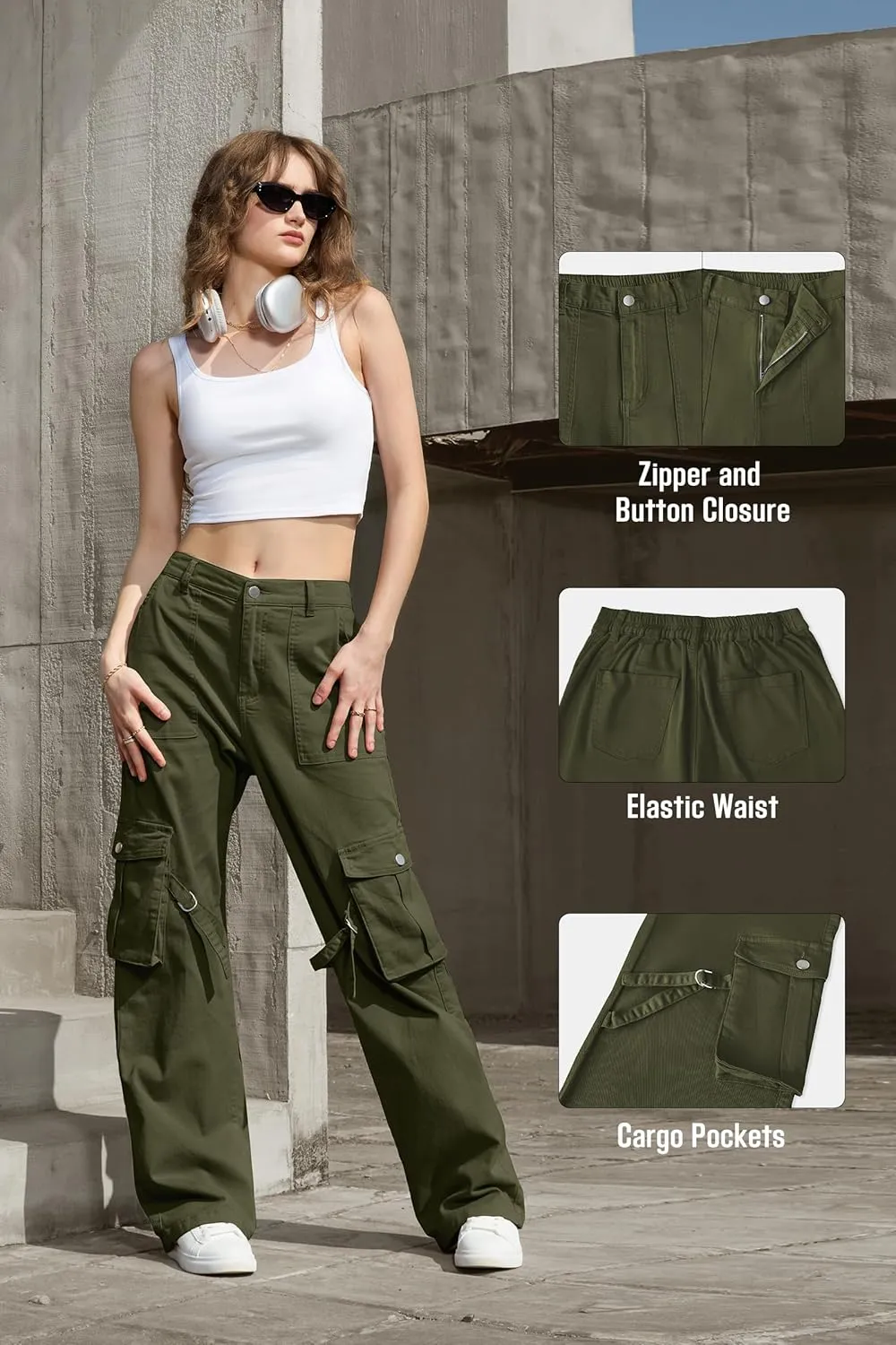 IVIR Womens Pants Wide Leg Cargo Pants Women High Waisted Pants with 6 Pockets Stretchy Y2K Streetwear Casual Trousers