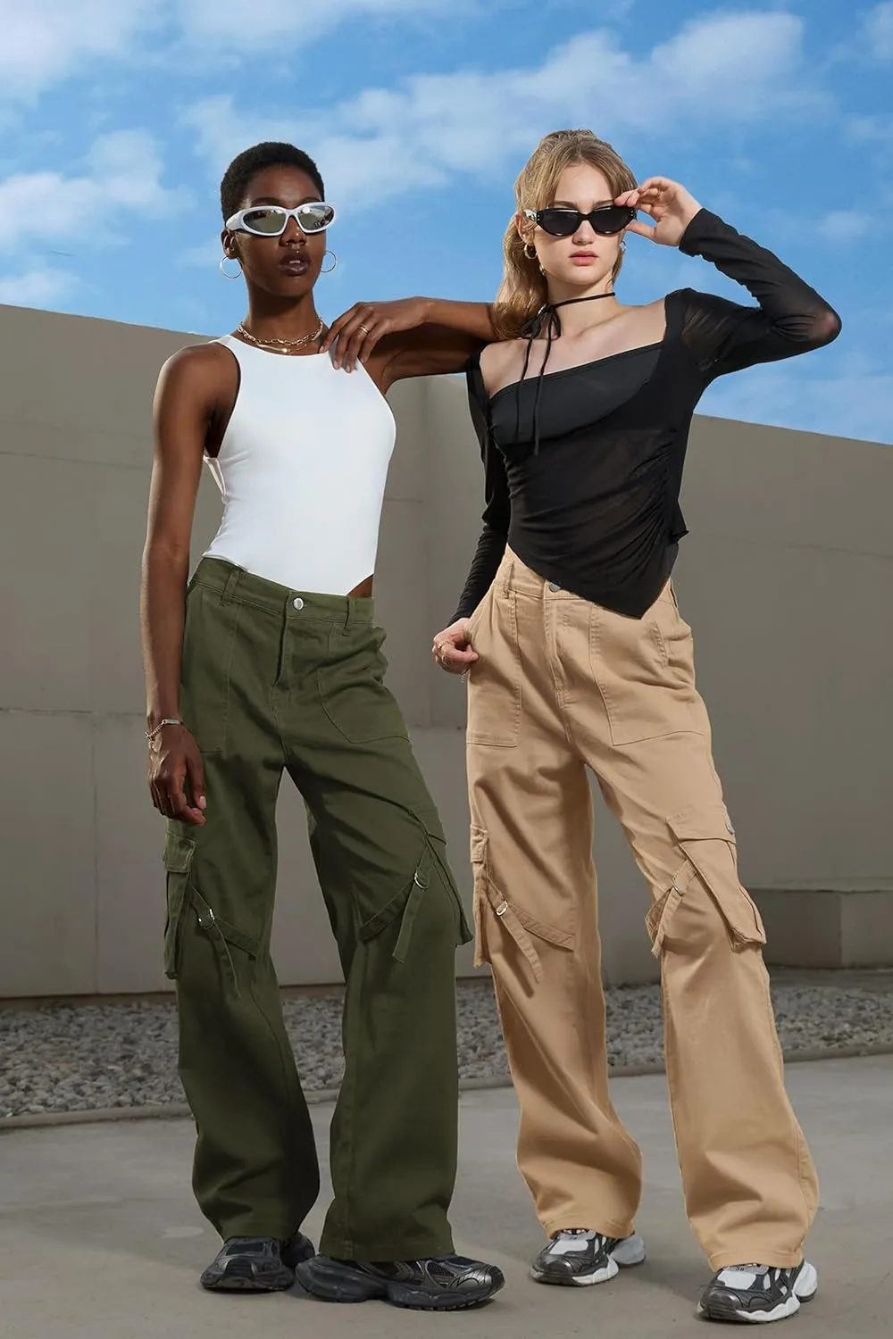 IVIR Womens Pants Wide Leg Cargo Pants Women High Waisted Pants with 6 Pockets Stretchy Y2K Streetwear Casual Trousers