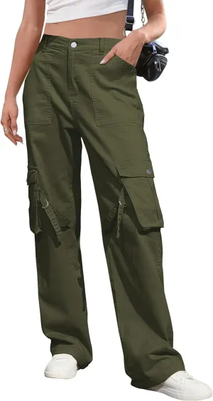IVIR Womens Pants Wide Leg Cargo Pants Women High Waisted Pants with 6 Pockets Stretchy Y2K Streetwear Casual Trousers