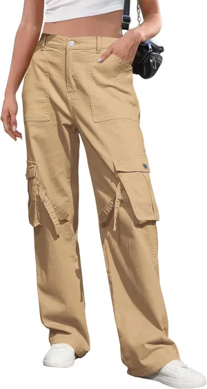 IVIR Womens Pants Wide Leg Cargo Pants Women High Waisted Pants with 6 Pockets Stretchy Y2K Streetwear Casual Trousers