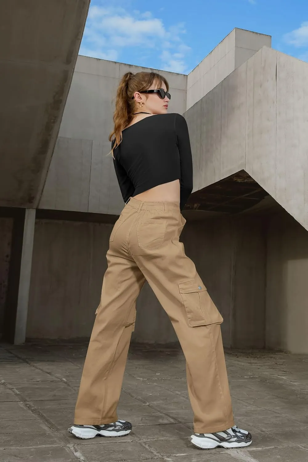 IVIR Womens Pants Wide Leg Cargo Pants Women High Waisted Pants with 6 Pockets Stretchy Y2K Streetwear Casual Trousers