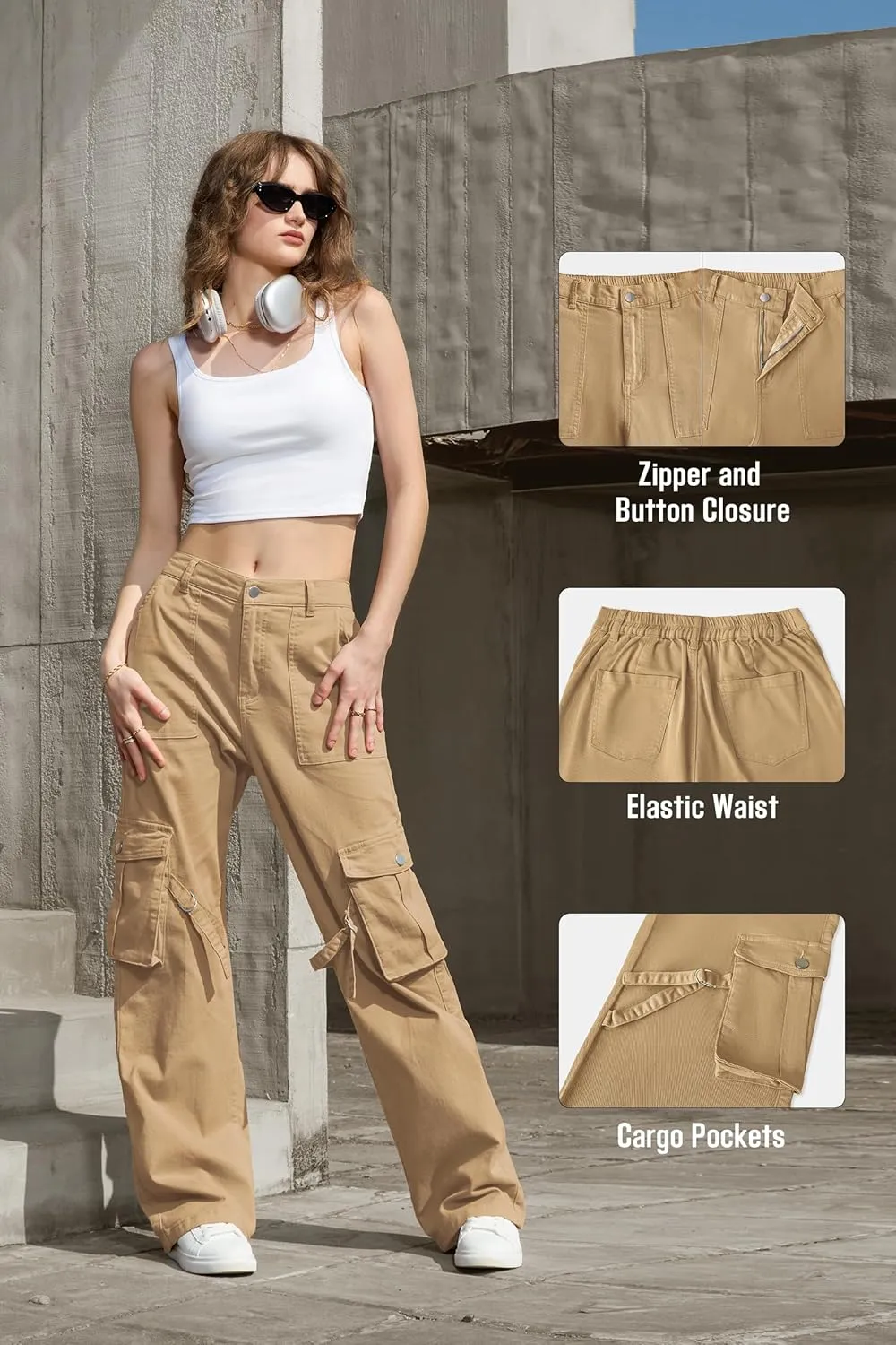 IVIR Womens Pants Wide Leg Cargo Pants Women High Waisted Pants with 6 Pockets Stretchy Y2K Streetwear Casual Trousers