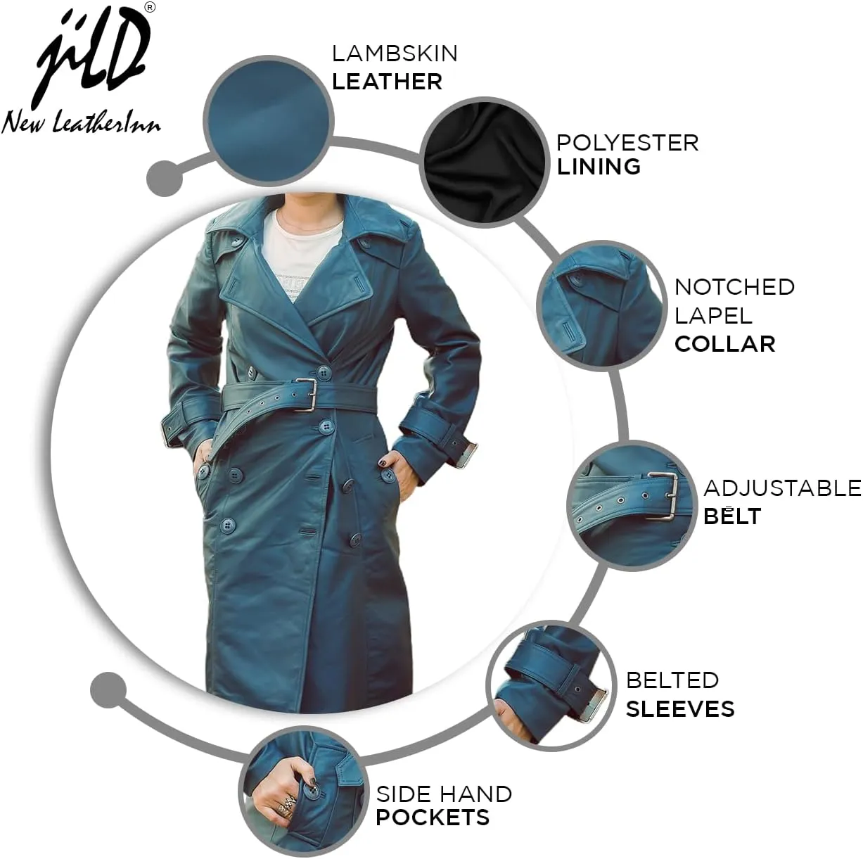 Jild Double Breasted Premium Leather Trench Coat for Women - Classic Lapel Car Coat Style Long Leather Jacket Women with Belt