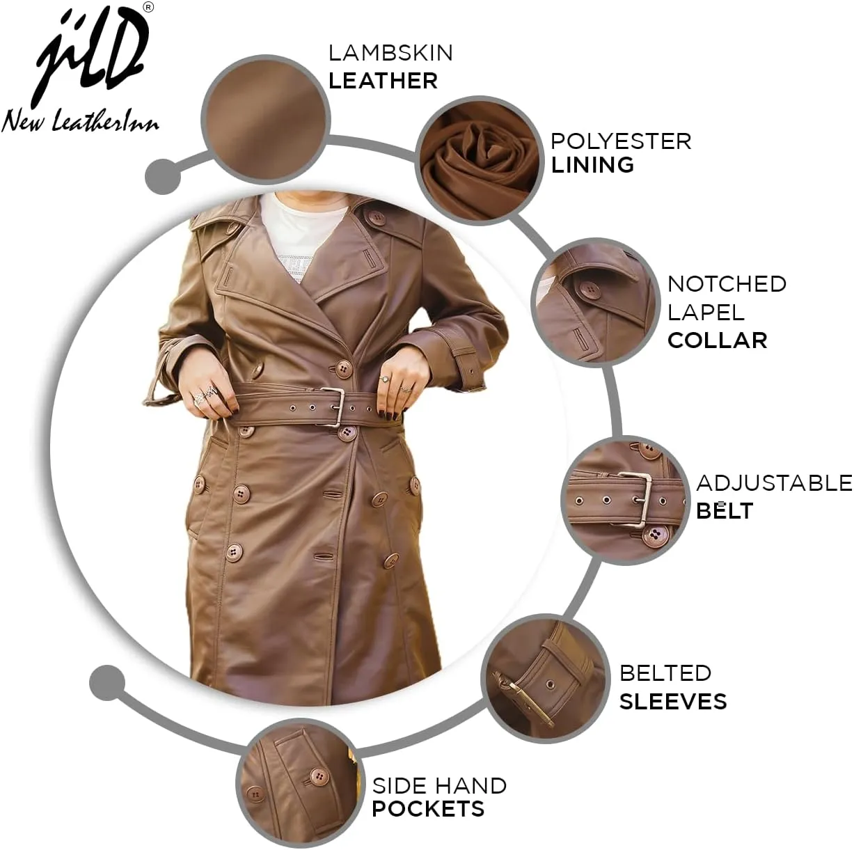 Jild Double Breasted Premium Leather Trench Coat for Women - Classic Lapel Car Coat Style Long Leather Jacket Women with Belt