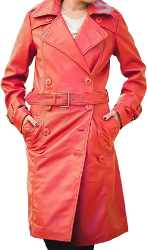 Jild Double Breasted Premium Leather Trench Coat for Women - Classic Lapel Car Coat Style Long Leather Jacket Women with Belt