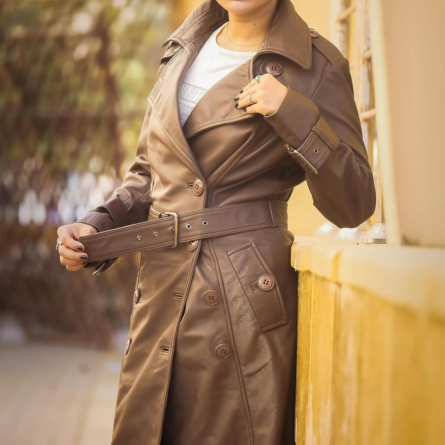 Jild Double Breasted Premium Leather Trench Coat for Women - Classic Lapel Car Coat Style Long Leather Jacket Women with Belt