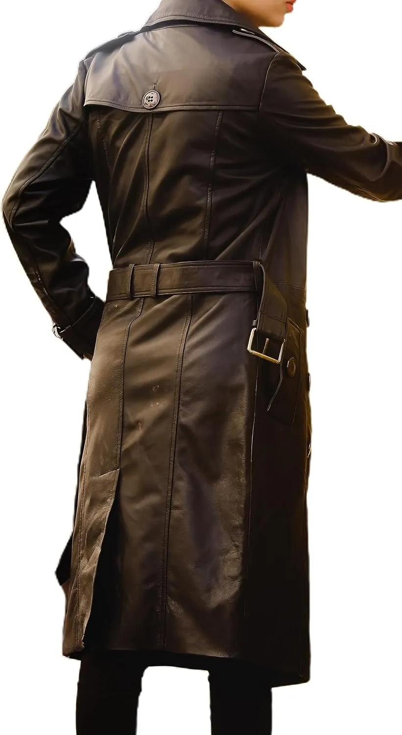 Jild Double Breasted Premium Leather Trench Coat for Women - Classic Lapel Car Coat Style Long Leather Jacket Women with Belt