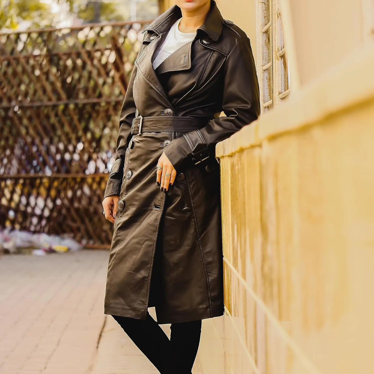 Jild Double Breasted Premium Leather Trench Coat for Women - Classic Lapel Car Coat Style Long Leather Jacket Women with Belt