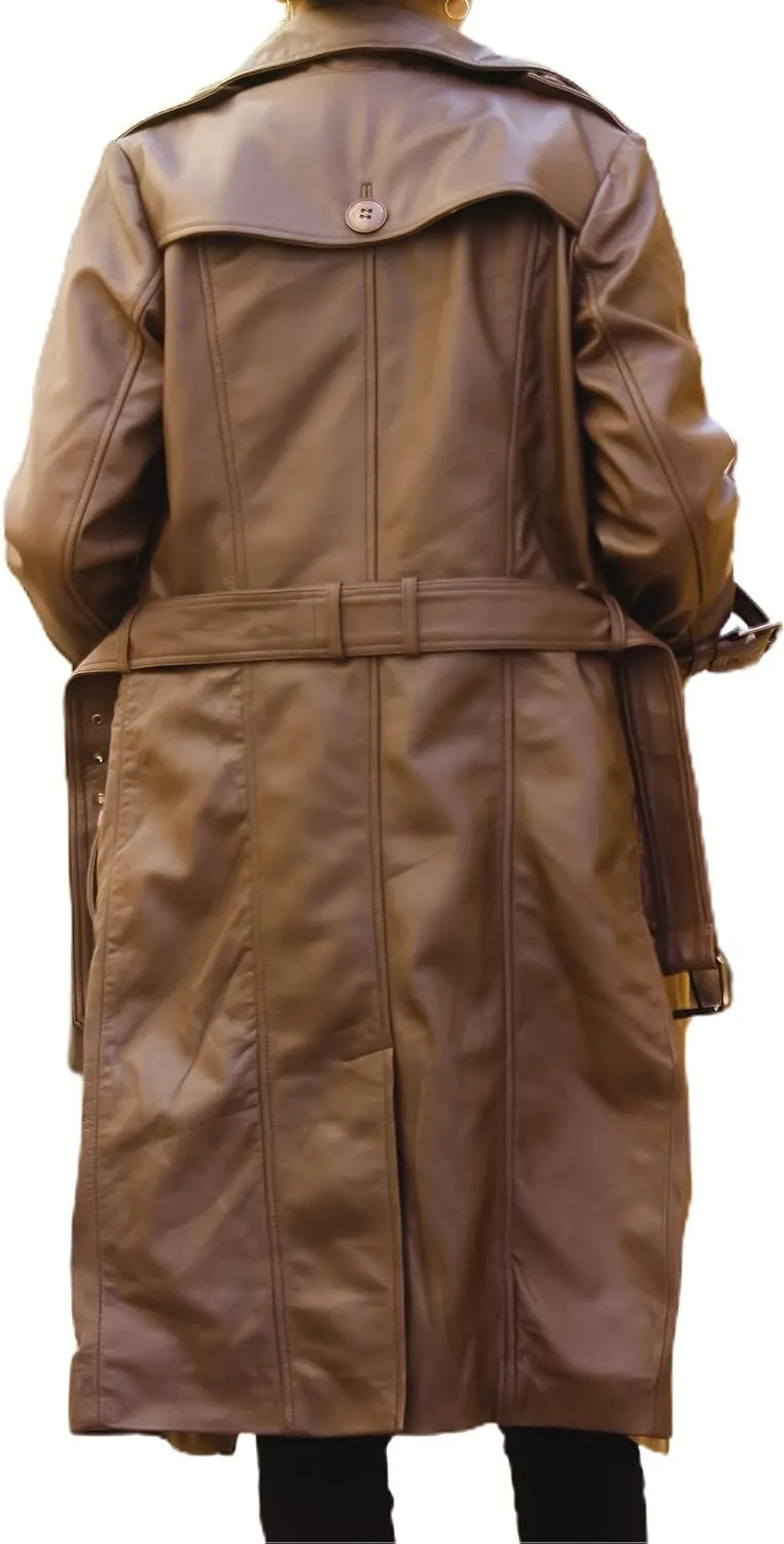 Jild Double Breasted Premium Leather Trench Coat for Women - Classic Lapel Car Coat Style Long Leather Jacket Women with Belt