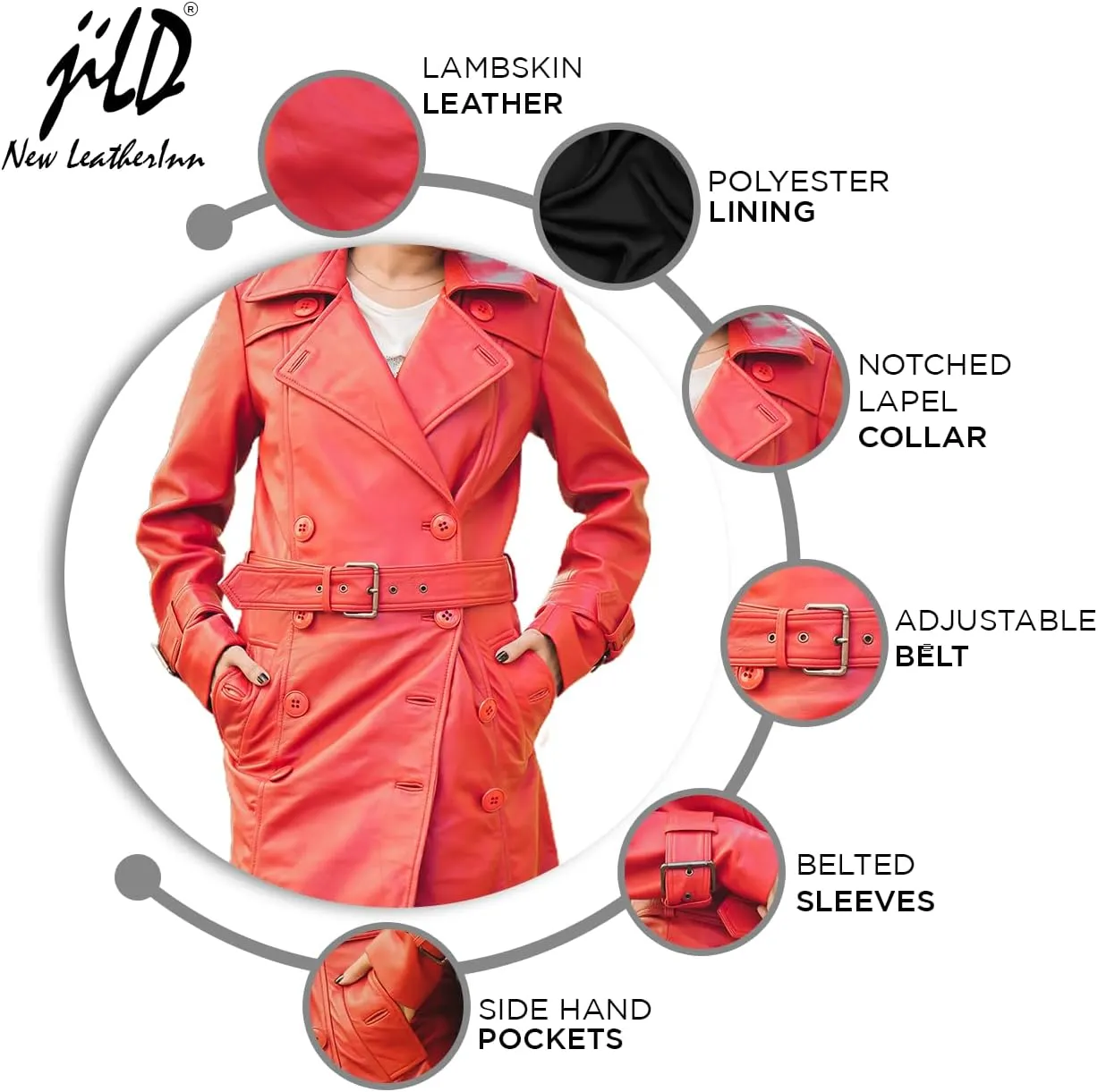 Jild Double Breasted Premium Leather Trench Coat for Women - Classic Lapel Car Coat Style Long Leather Jacket Women with Belt