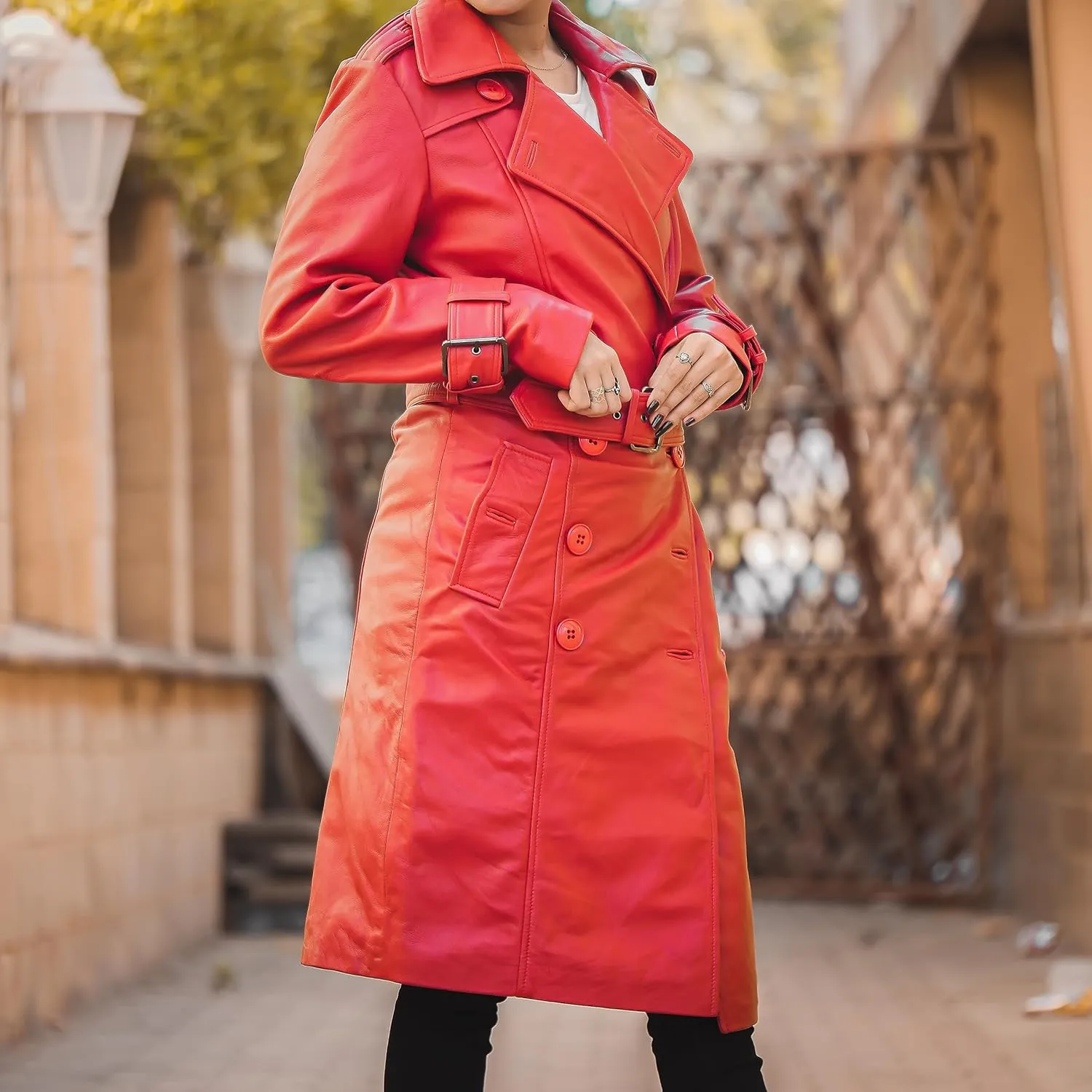Jild Double Breasted Premium Leather Trench Coat for Women - Classic Lapel Car Coat Style Long Leather Jacket Women with Belt