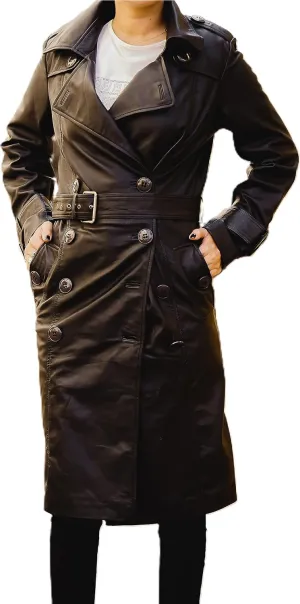 Jild Double Breasted Premium Leather Trench Coat for Women - Classic Lapel Car Coat Style Long Leather Jacket Women with Belt