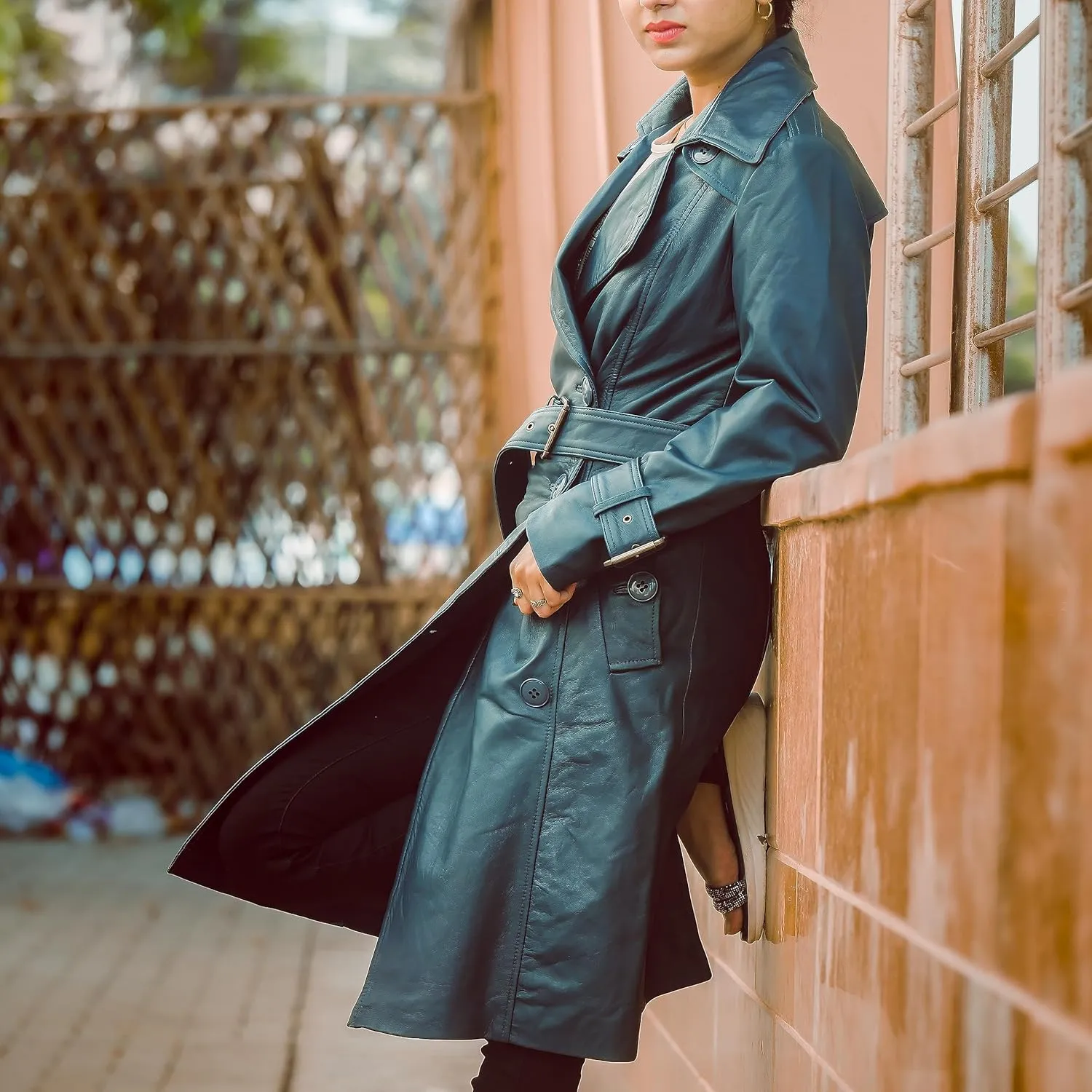 Jild Double Breasted Premium Leather Trench Coat for Women - Classic Lapel Car Coat Style Long Leather Jacket Women with Belt