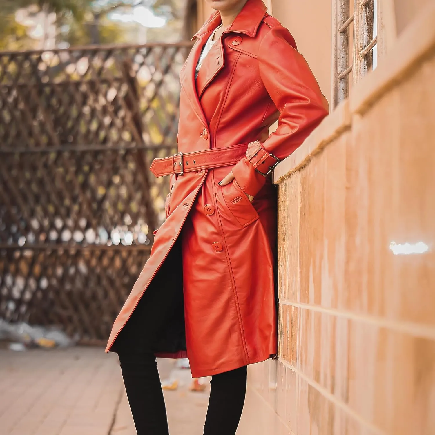 Jild Double Breasted Premium Leather Trench Coat for Women - Classic Lapel Car Coat Style Long Leather Jacket Women with Belt