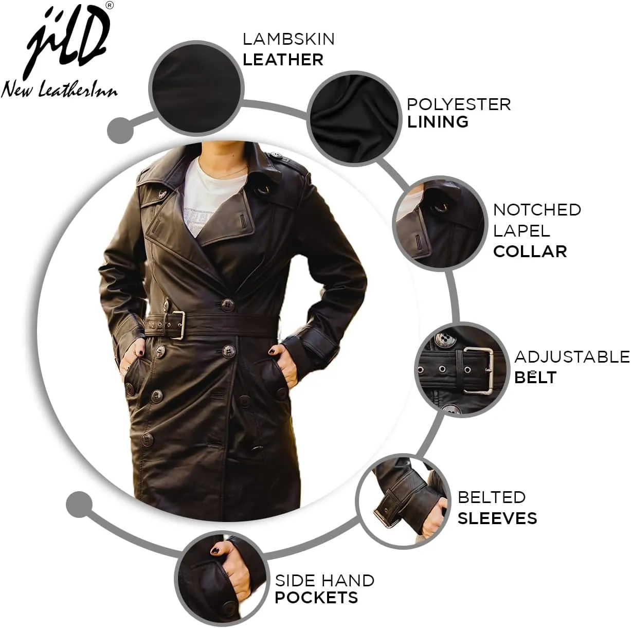Jild Double Breasted Premium Leather Trench Coat for Women - Classic Lapel Car Coat Style Long Leather Jacket Women with Belt