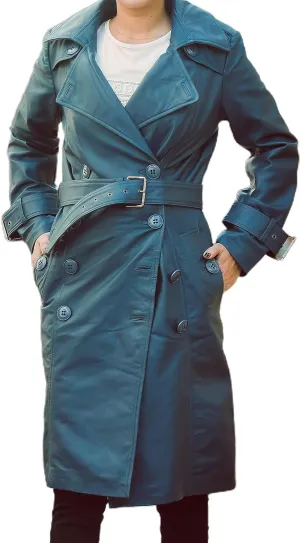Jild Double Breasted Premium Leather Trench Coat for Women - Classic Lapel Car Coat Style Long Leather Jacket Women with Belt