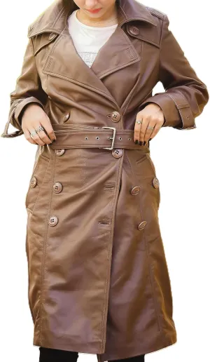 Jild Double Breasted Premium Leather Trench Coat for Women - Classic Lapel Car Coat Style Long Leather Jacket Women with Belt