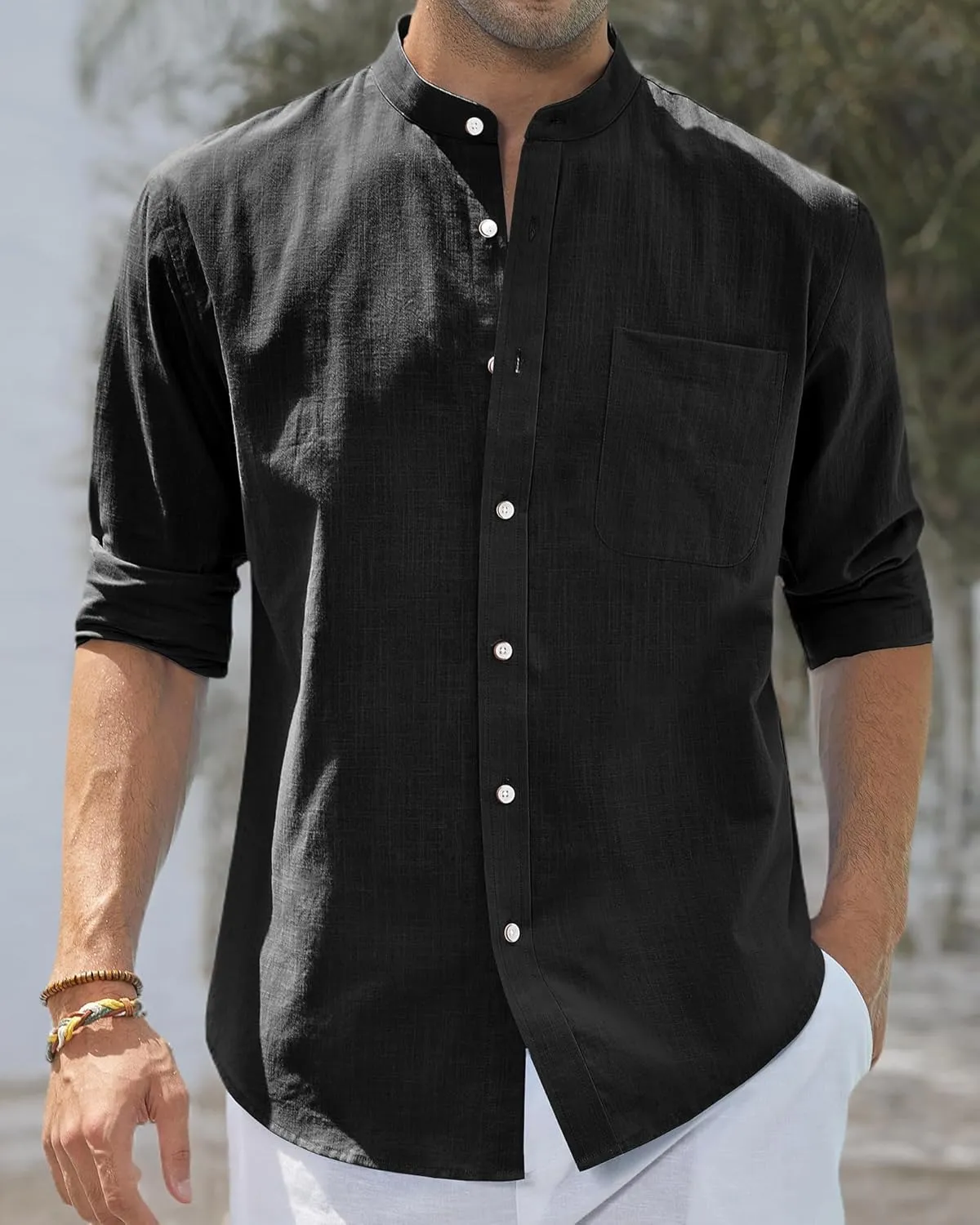 J.VER Men's Cotton Linen Long Sleeve Shirts Casual Button Down Banded Collar Shirt Beach Summer Tops with Pocket