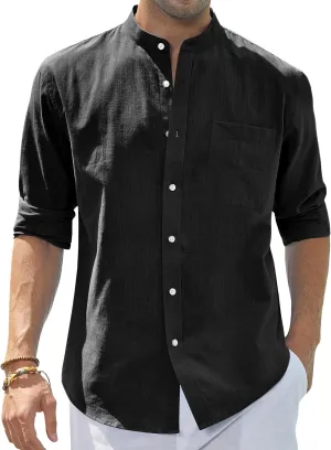 J.VER Men's Cotton Linen Long Sleeve Shirts Casual Button Down Banded Collar Shirt Beach Summer Tops with Pocket