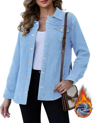 KDF Jean Jacket Women Fleece Lined Denim Oversized Blue Sherpa Jacket