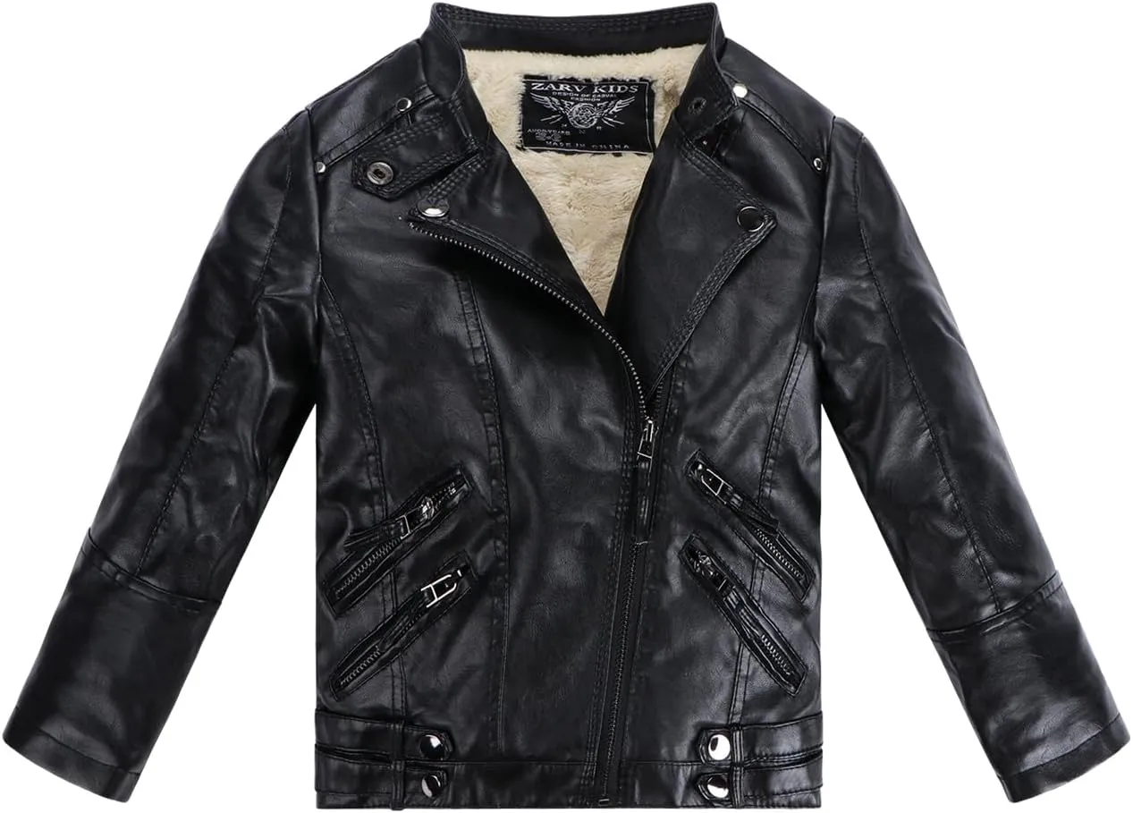 Kids Girl Spring Pu Leather Jacket Motorcycle Fleece Coat For Boy Winter Clothes