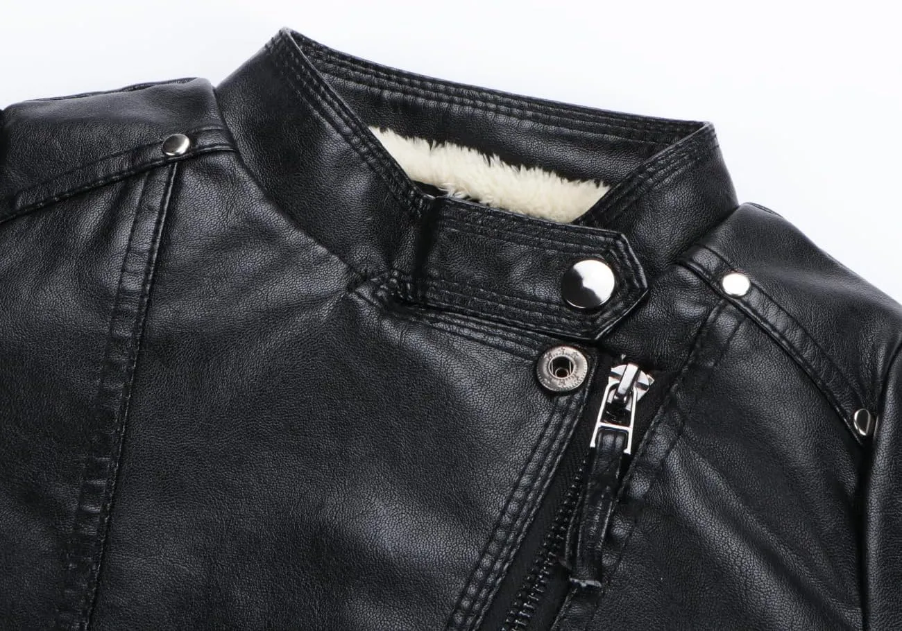 Kids Girl Spring Pu Leather Jacket Motorcycle Fleece Coat For Boy Winter Clothes