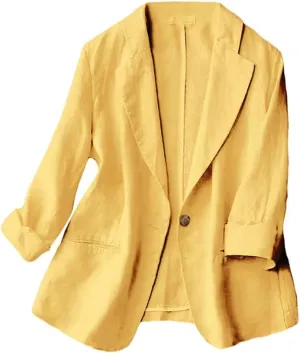 Kinghua Women's Casual One Button Linen Blazer Jackets Lapel 3/4 Sleeve Suit Blazer