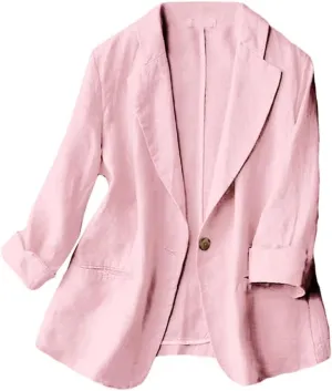 Kinghua Women's Casual One Button Linen Blazer Jackets Lapel 3/4 Sleeve Suit Blazer
