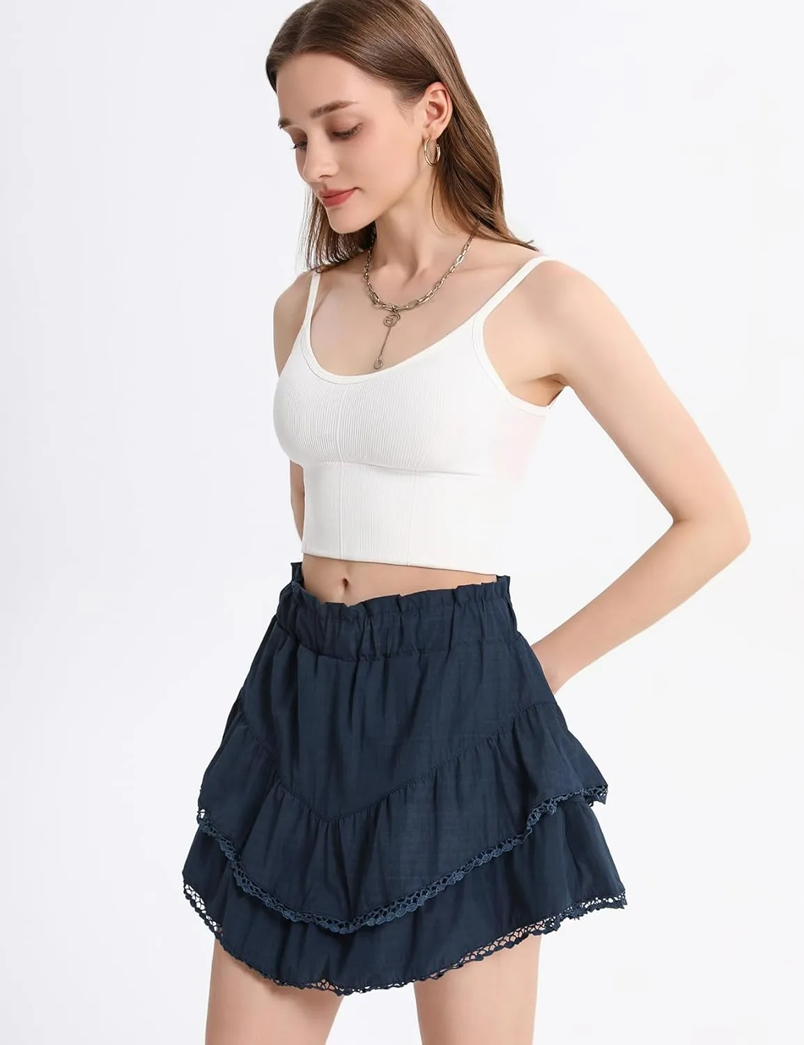 Kissonic Flowy Shorts for Women Cute Ruffle Tiered Skorts Elastic High Waisted Casual Beach Mini Skirt