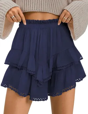 Kissonic Flowy Shorts for Women Cute Ruffle Tiered Skorts Elastic High Waisted Casual Beach Mini Skirt