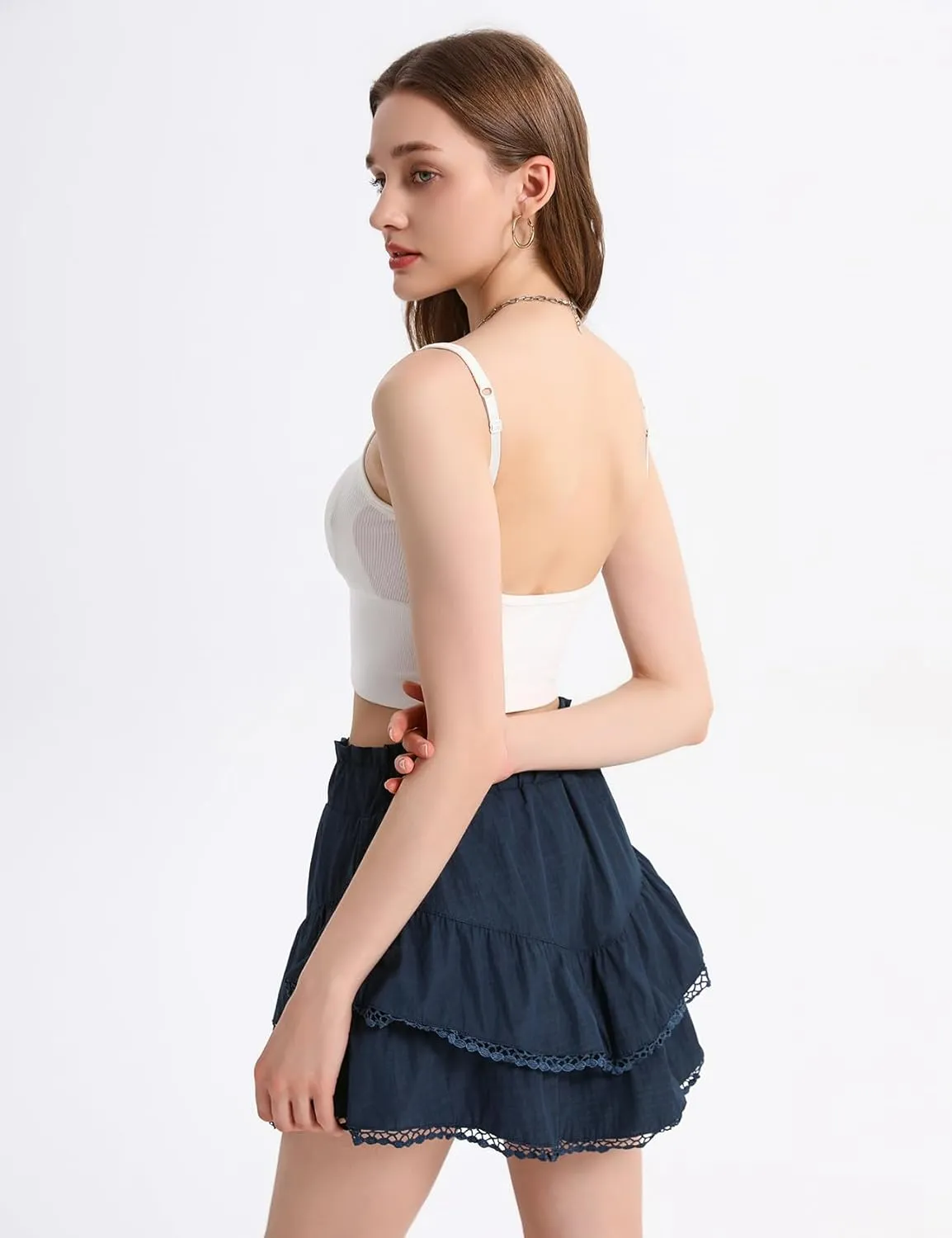 Kissonic Flowy Shorts for Women Cute Ruffle Tiered Skorts Elastic High Waisted Casual Beach Mini Skirt