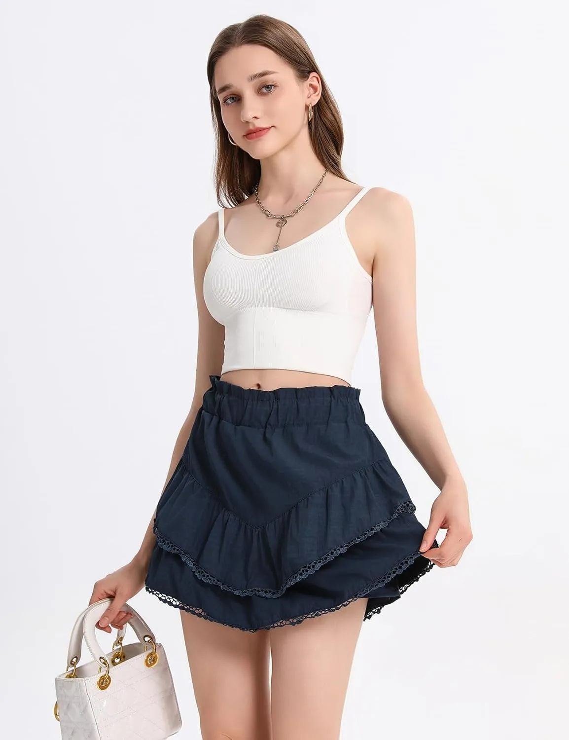 Kissonic Flowy Shorts for Women Cute Ruffle Tiered Skorts Elastic High Waisted Casual Beach Mini Skirt