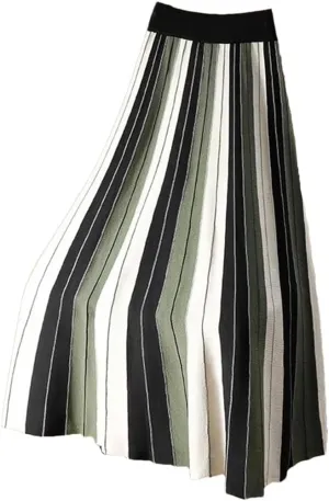 Knitted Long Skirt for Women Fall Winter Contrast Striped A Line High Waist Pleated Midi Skirt