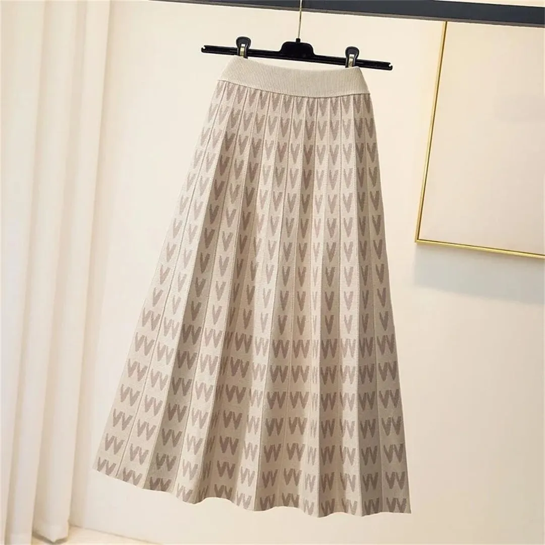 Knitted Long Skirt for Women Fall Winter Warm Letter Print A Line High Waist Pleated Midi Skirt