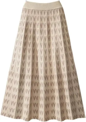 Knitted Long Skirt for Women Fall Winter Warm Letter Print A Line High Waist Pleated Midi Skirt