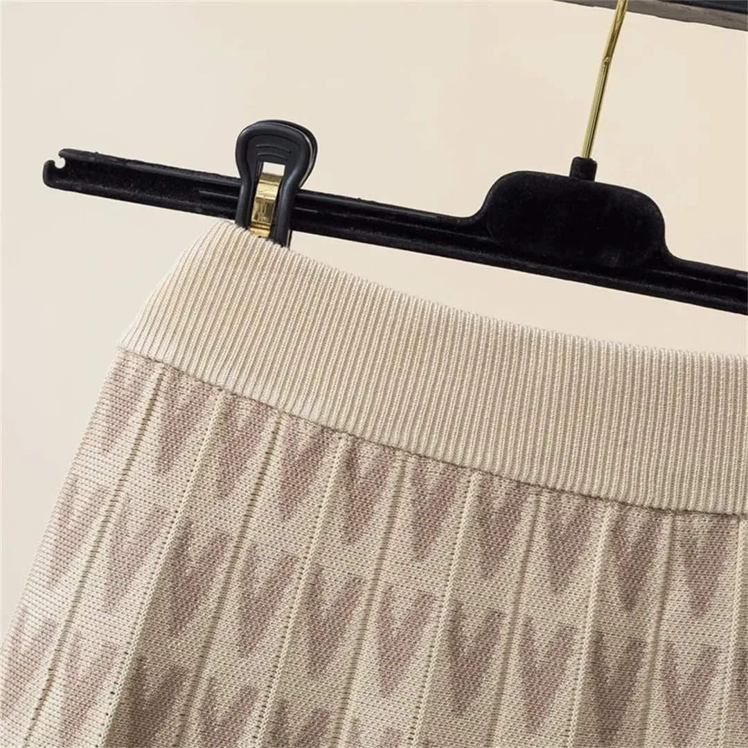 Knitted Long Skirt for Women Fall Winter Warm Letter Print A Line High Waist Pleated Midi Skirt