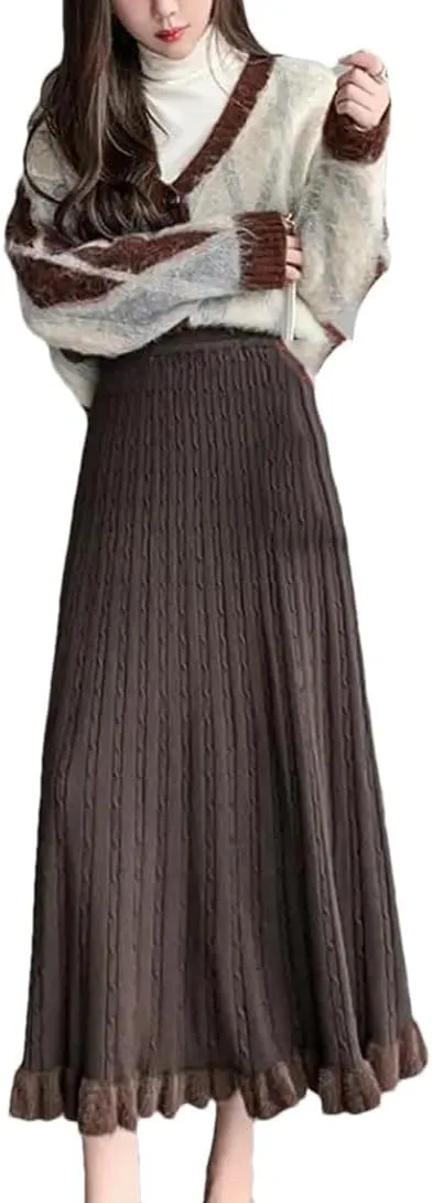 Knitted Long Skirt Women Winter Warm Midi Skirt Female Pleated Skirt High Waist A Line Skirt