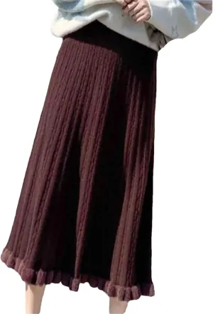Knitted Long Skirt Women Winter Warm Midi Skirt Female Pleated Skirt High Waist A Line Skirt