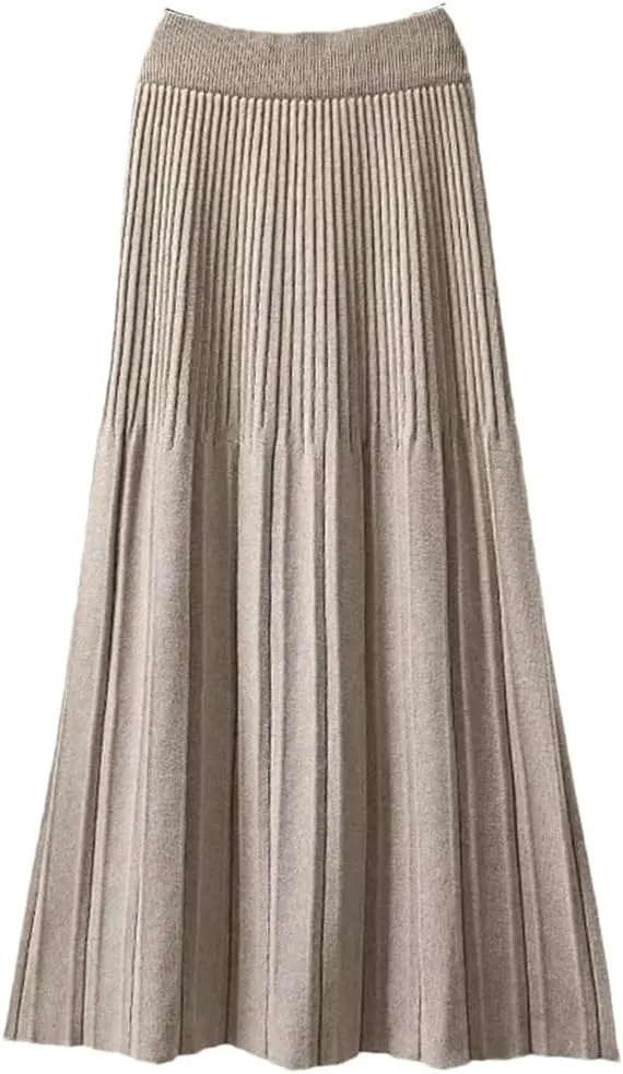 Knitted Pleated Skirt for Women Autumn Winter Thick Warm Casual A Line High Waist Midi Long Skirt