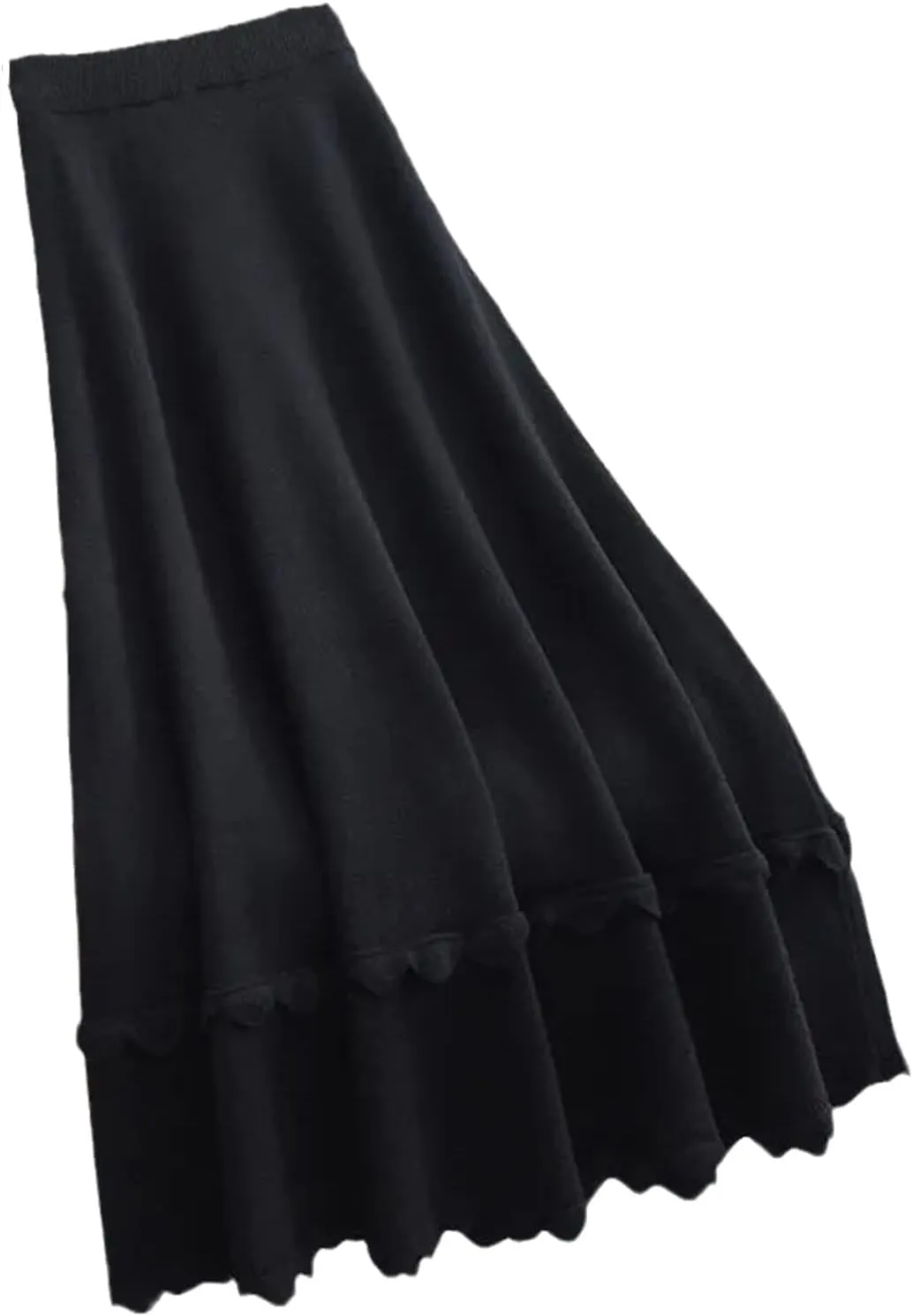 Knitted Ruffle Skirt Autumn Winter Long A-Line Skirt Women Black Elastic High Waist Wool Warm Midi Pleated Skirt
