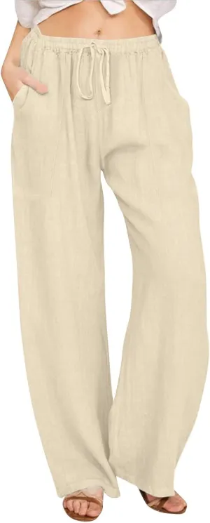 KUIOLYPOER Women's Cotton Linen Pants Summer Wide Leg Casual Loose Drawstring High Waist Palazzo Pants Trousers with Pockets